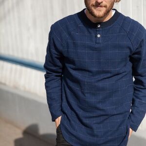 Men's Preloved Long Sleeve Cotton Baseball Shirt Grid Pattern Blue 3